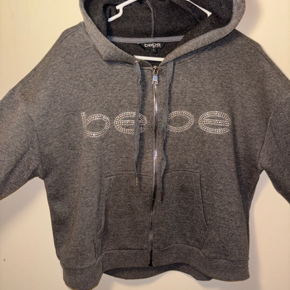 Grey Sport Bebe Cropped Zip-Up Hoodie With Rhinestones